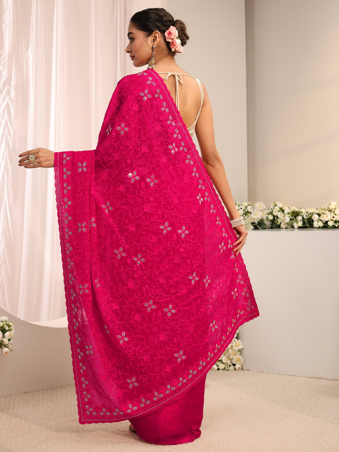 Pink Floral Embellished Tissue Saree With Unstitched Blouse Piece