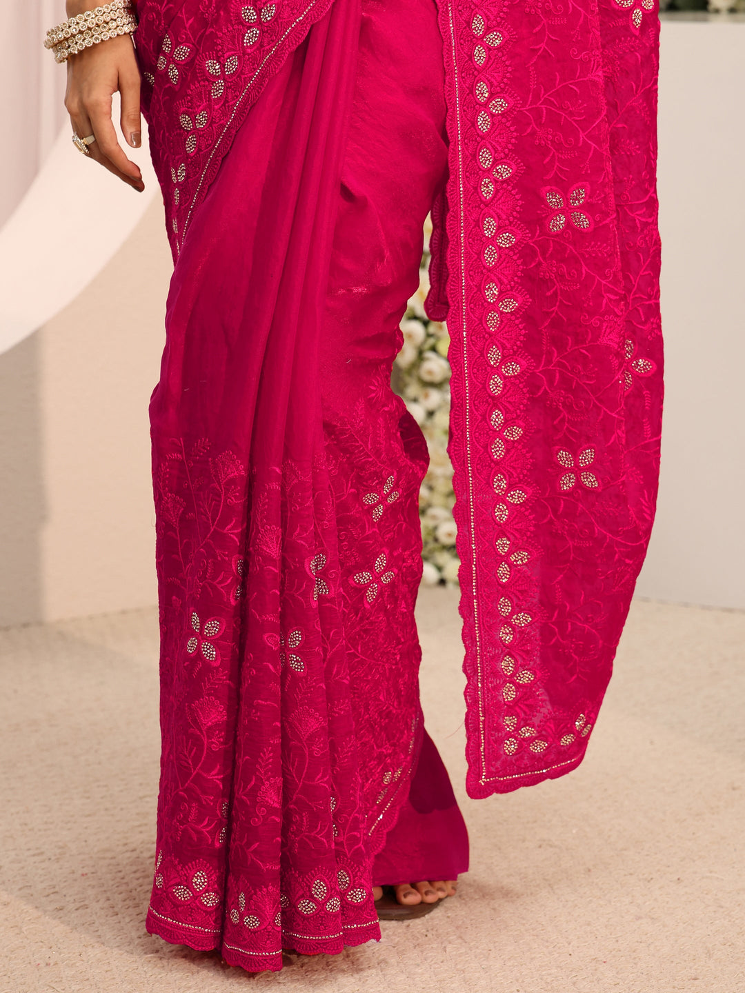 Pink Floral Embellished Tissue Saree With Unstitched Blouse Piece