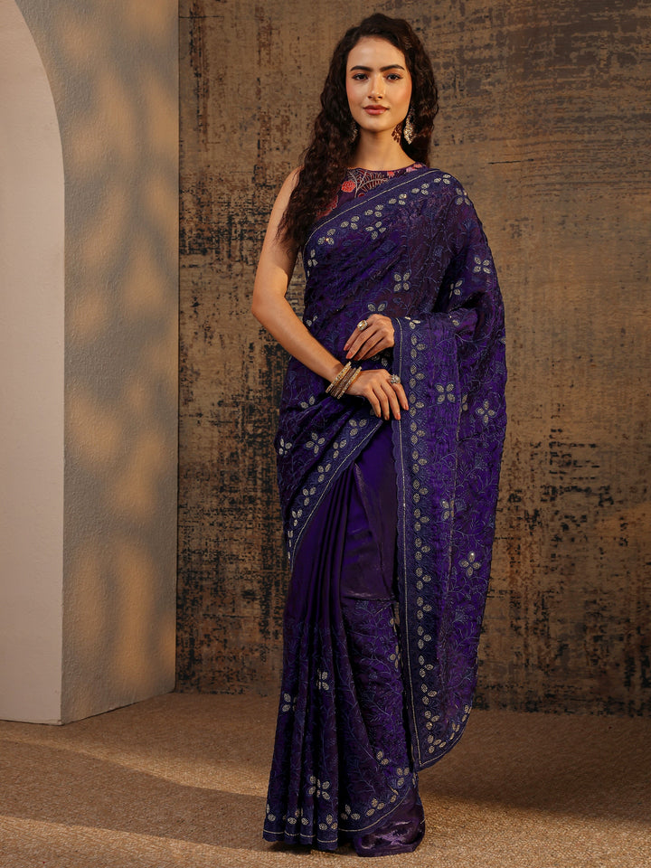 Purple Floral Embellished Tissue Saree With Unstitched Blouse Piece