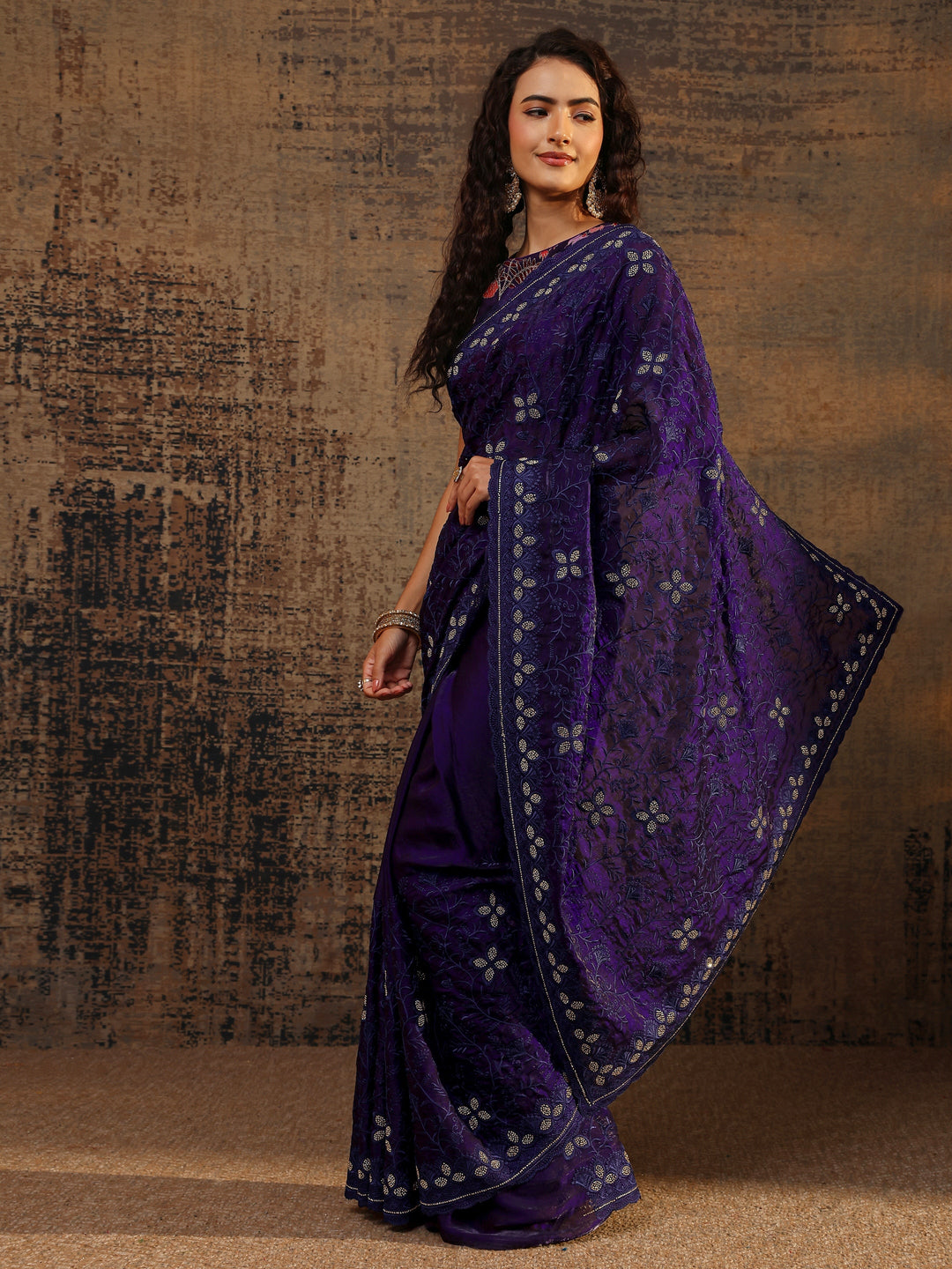Purple Floral Embellished Tissue Saree With Unstitched Blouse Piece