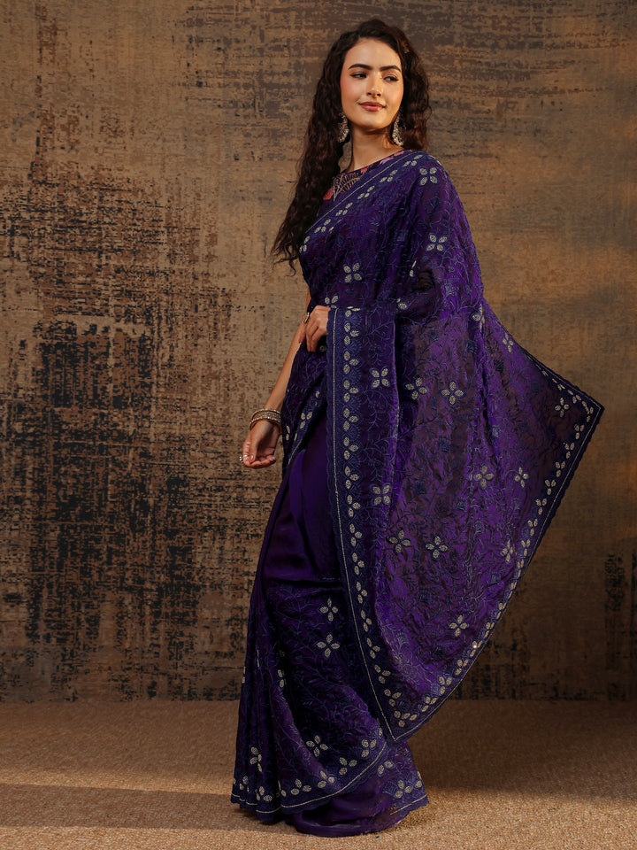 Purple Floral Embellished Tissue Saree With Unstitched Blouse Piece
