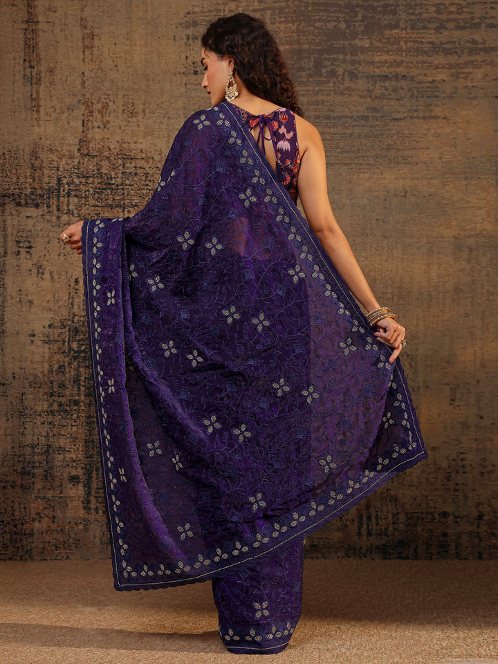 Purple Floral Embellished Tissue Saree With Unstitched Blouse Piece