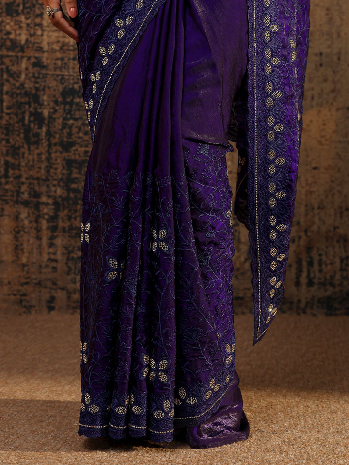 Purple Floral Embellished Tissue Saree With Unstitched Blouse Piece