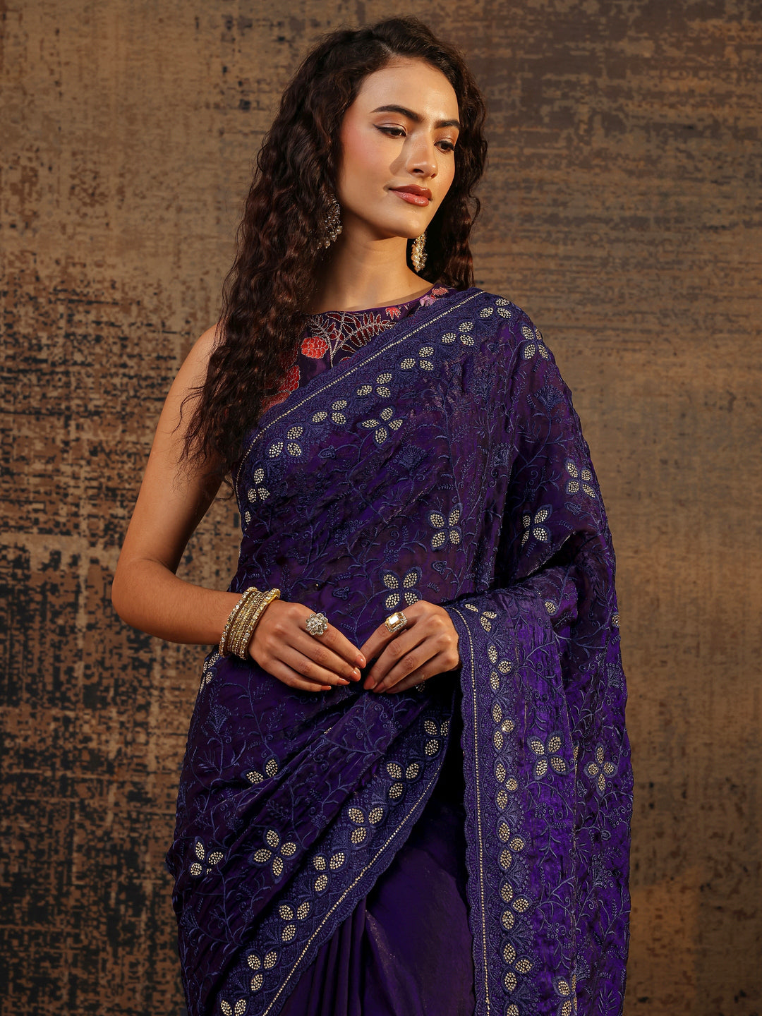 Purple Floral Embellished Tissue Saree With Unstitched Blouse Piece