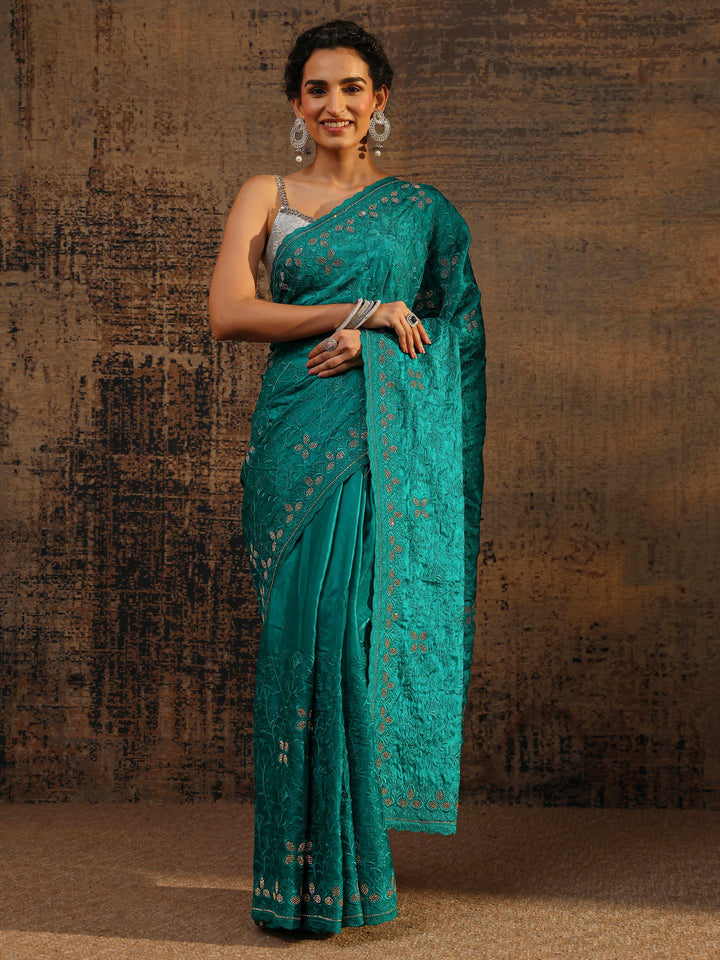 Green Floral Embellished Tissue Saree With Unstitched Blouse Piece