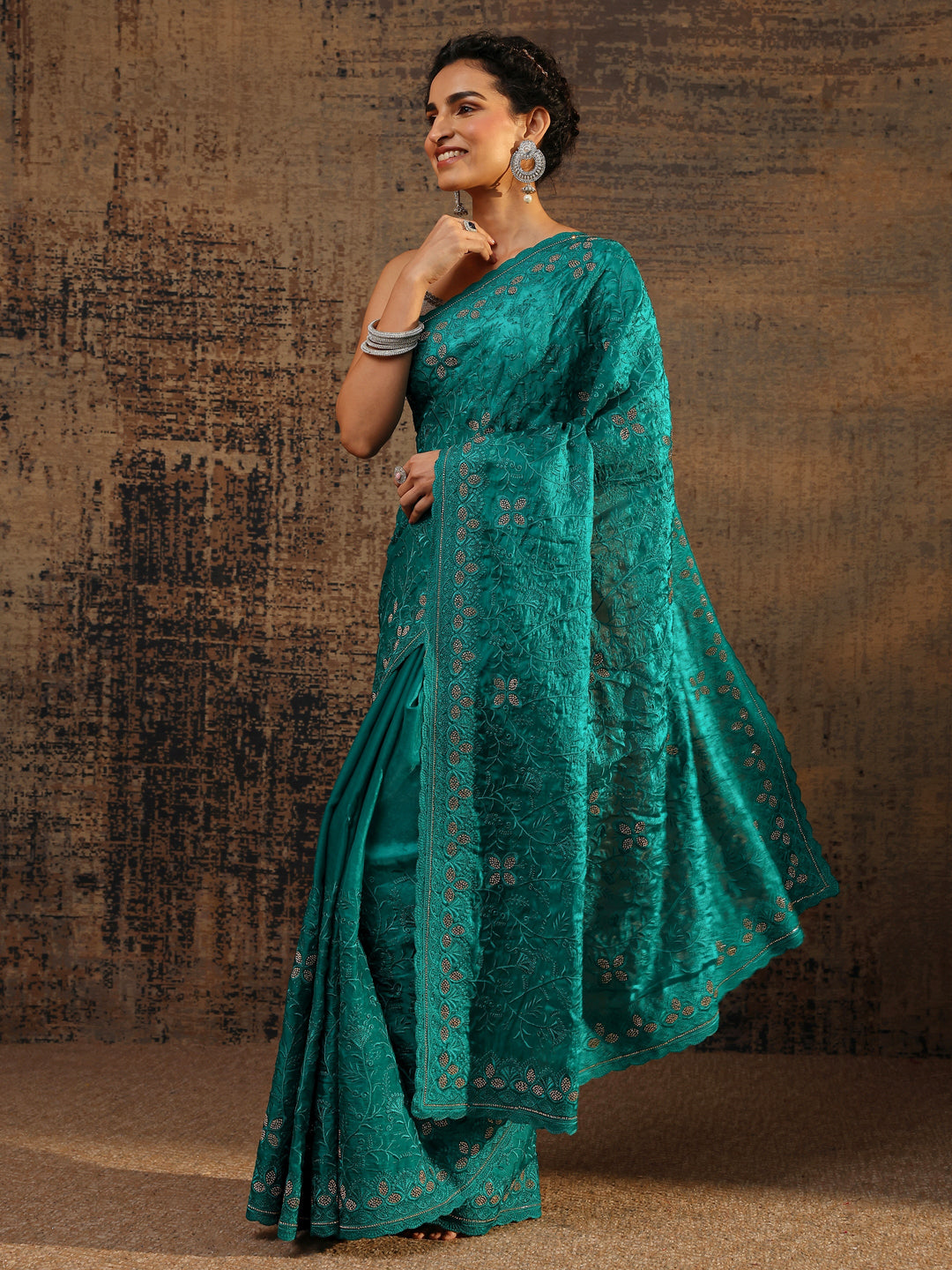 Green Floral Embellished Tissue Saree With Unstitched Blouse Piece