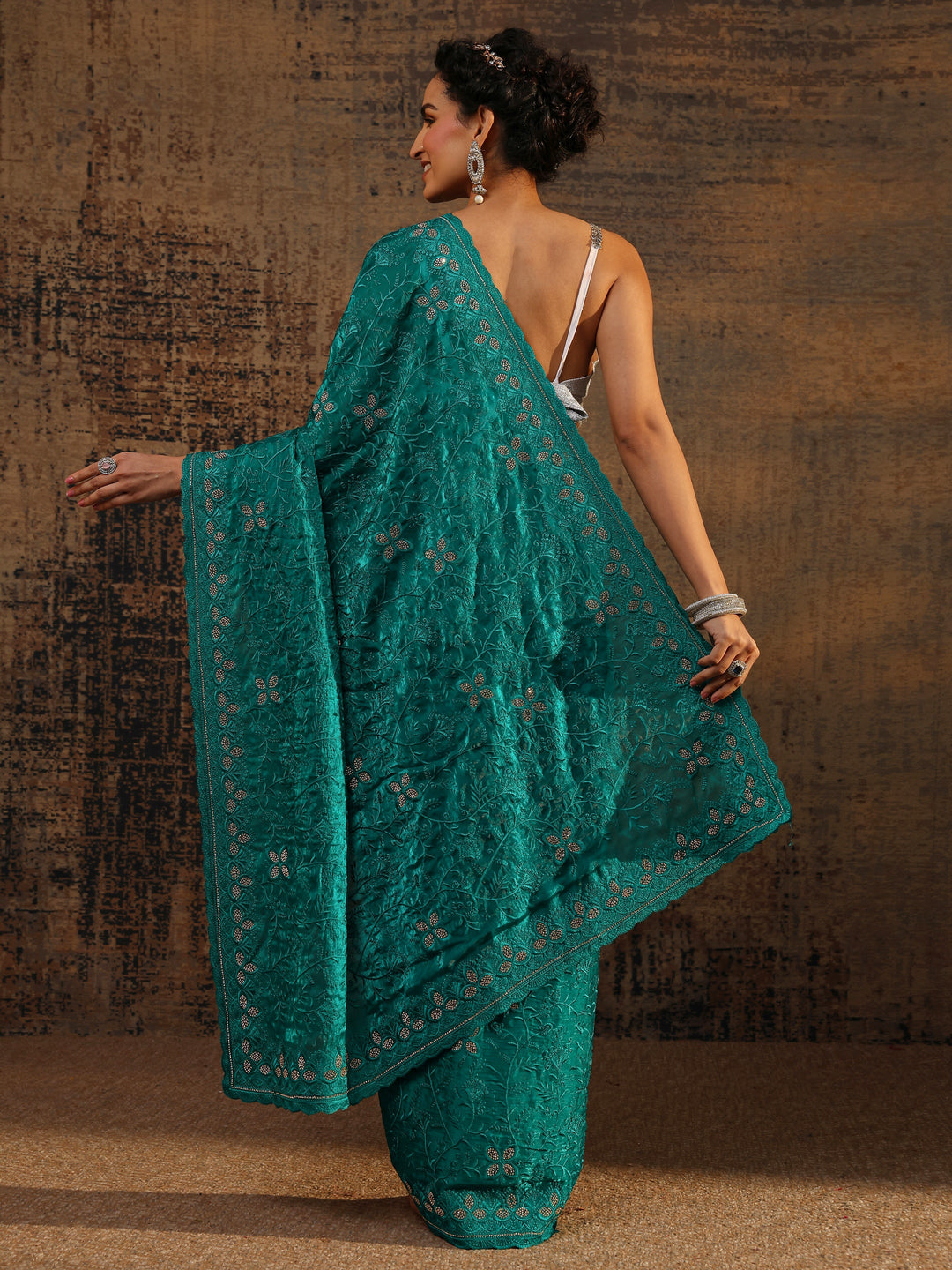 Green Floral Embellished Tissue Saree With Unstitched Blouse Piece