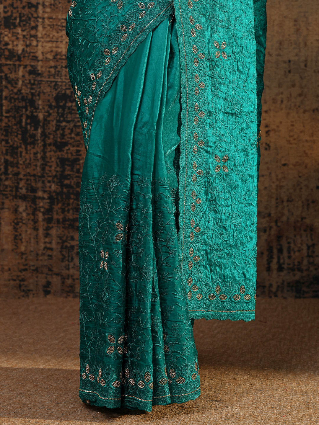Green Floral Embellished Tissue Saree With Unstitched Blouse Piece
