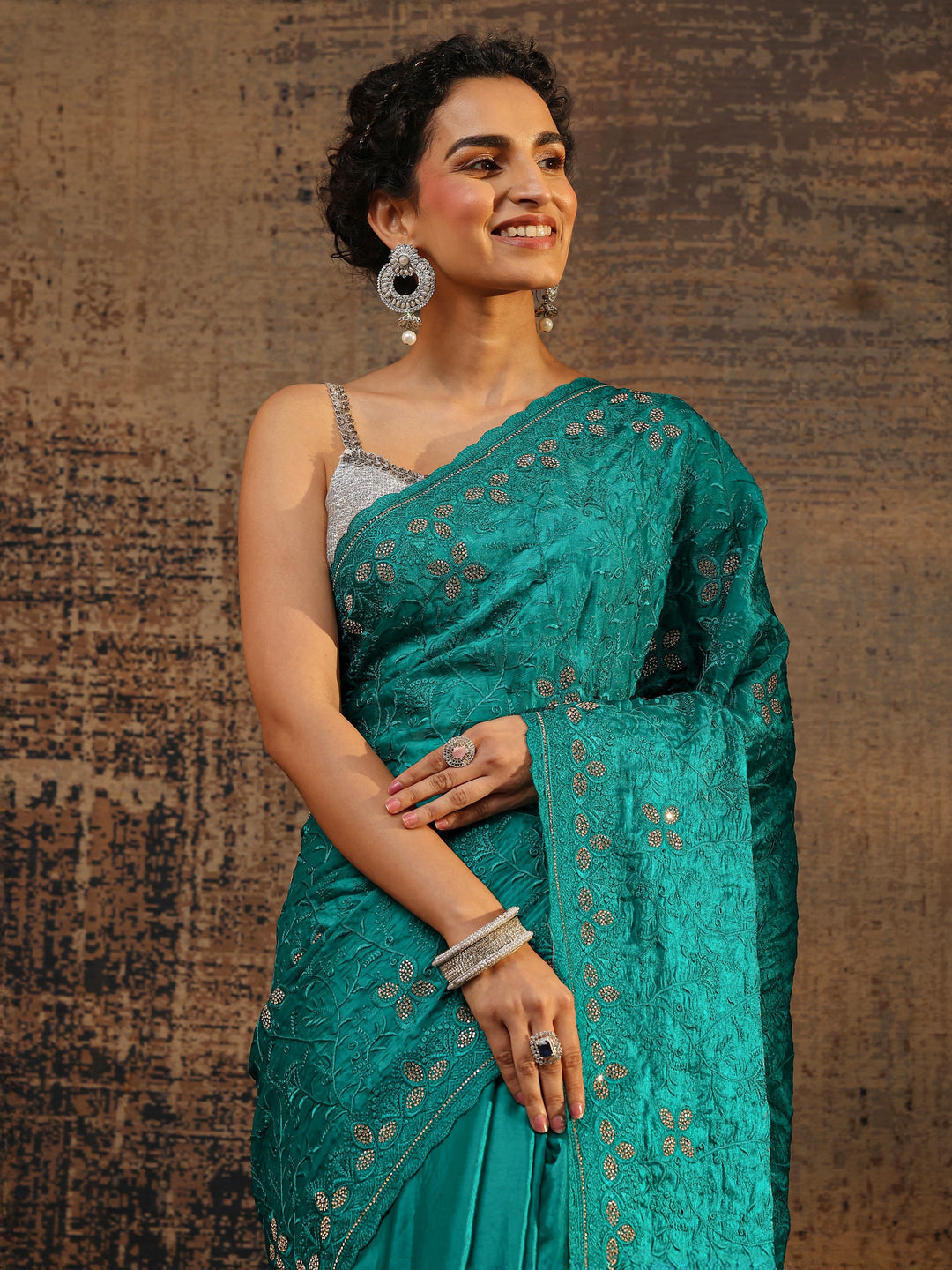 Green Floral Embellished Tissue Saree With Unstitched Blouse Piece