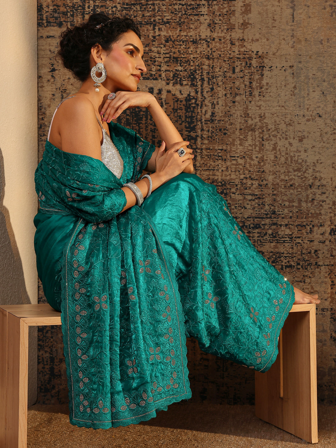 Green Floral Embellished Tissue Saree With Unstitched Blouse Piece