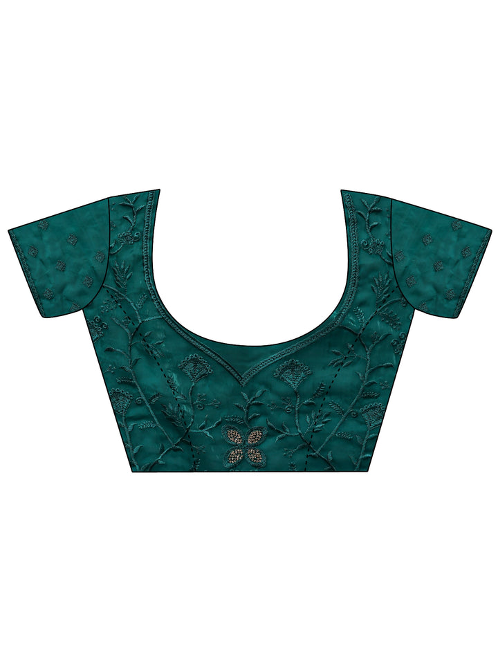 Green Floral Embellished Tissue Saree With Unstitched Blouse Piece