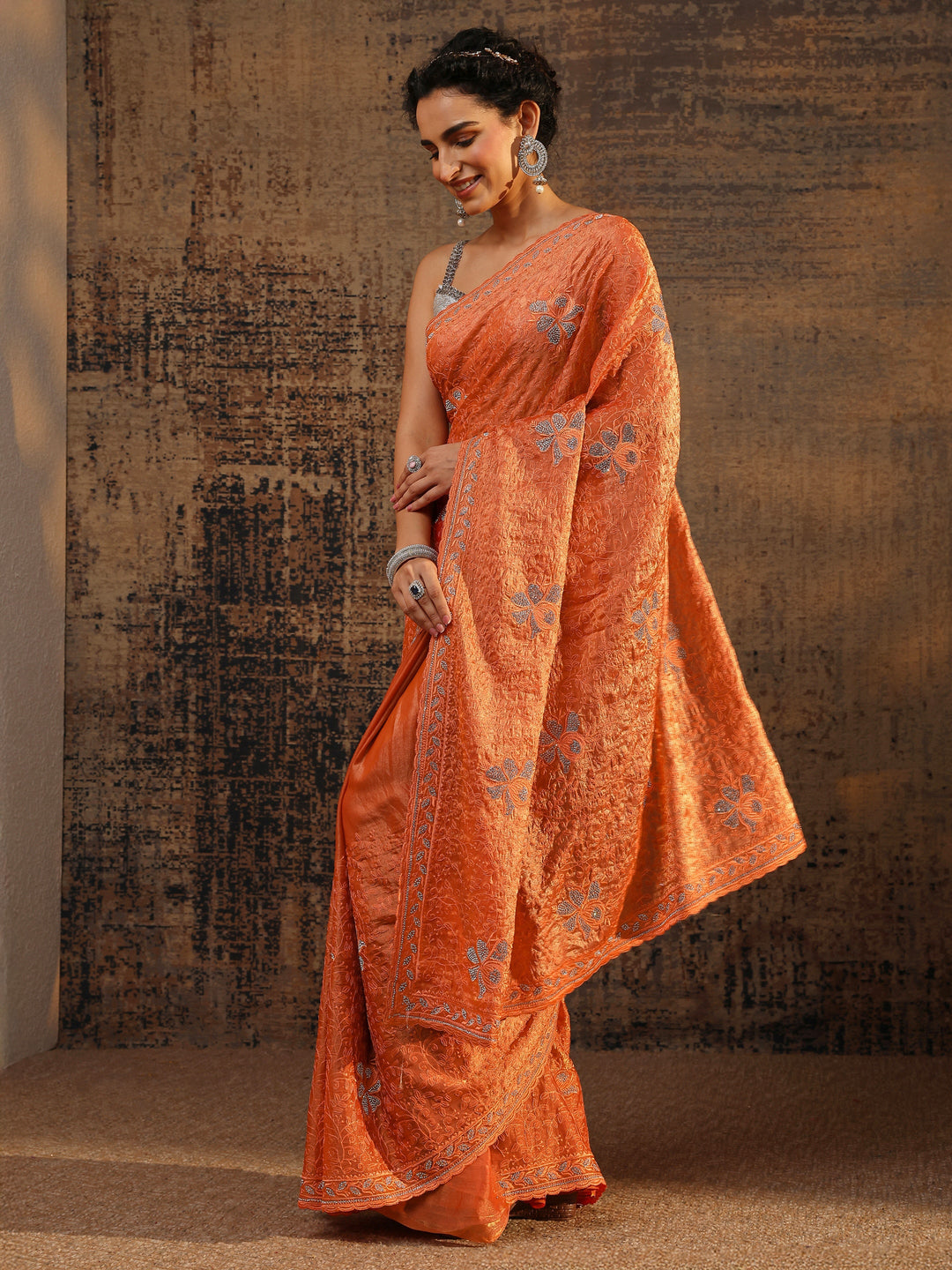 Orange Floral Embellished Tissue Saree With Unstitched Blouse Piece