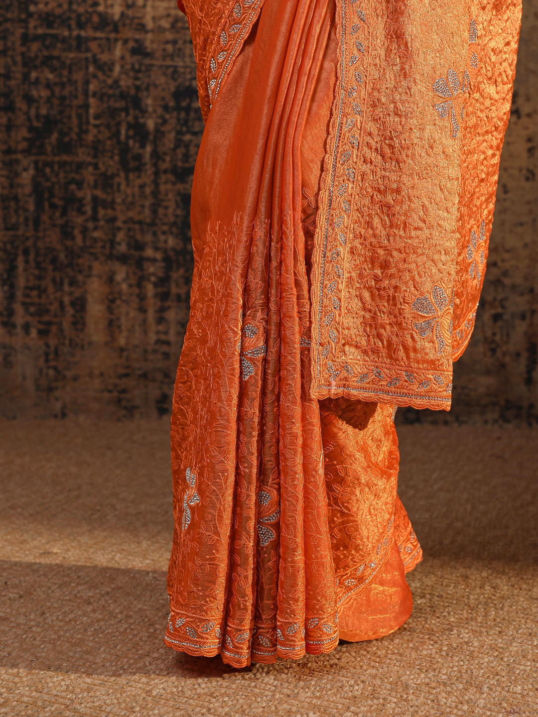 Orange Floral Embellished Tissue Saree With Unstitched Blouse Piece