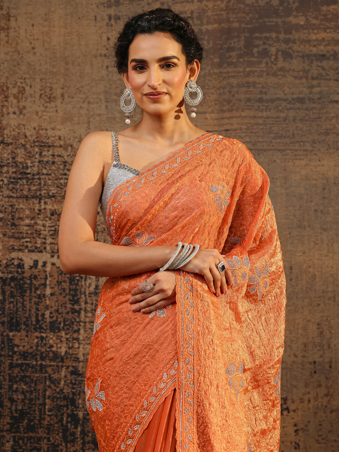 Orange Floral Embellished Tissue Saree With Unstitched Blouse Piece