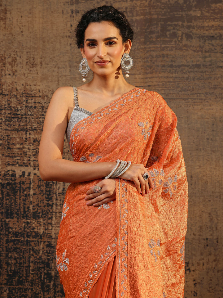 Orange Floral Embellished Tissue Saree With Unstitched Blouse Piece