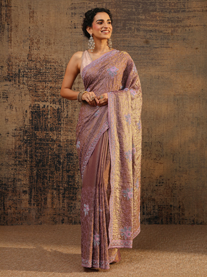 Purple Floral Embellished Tissue Saree With Unstitched Blouse Piece