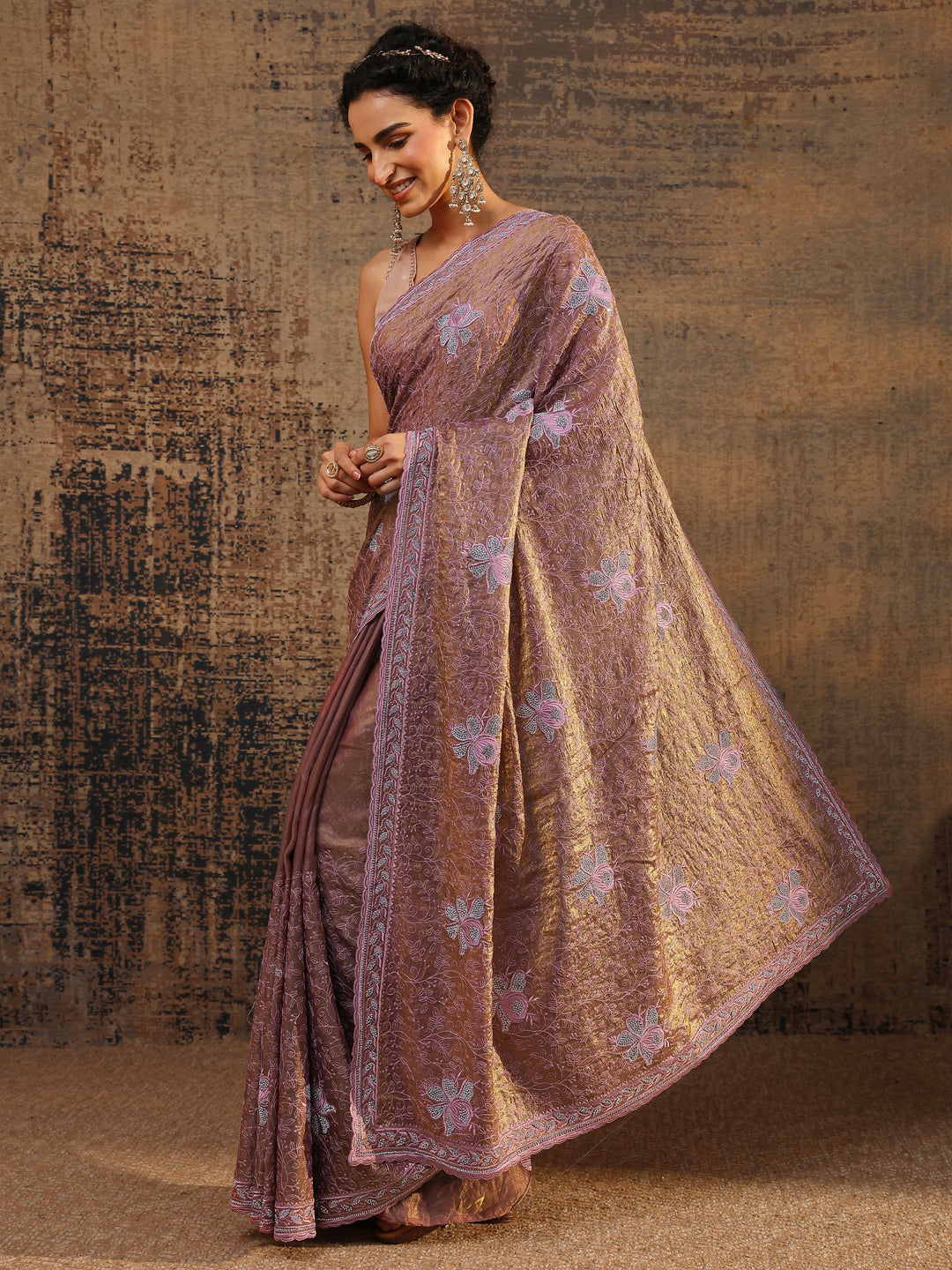 Purple Floral Embellished Tissue Saree With Unstitched Blouse Piece