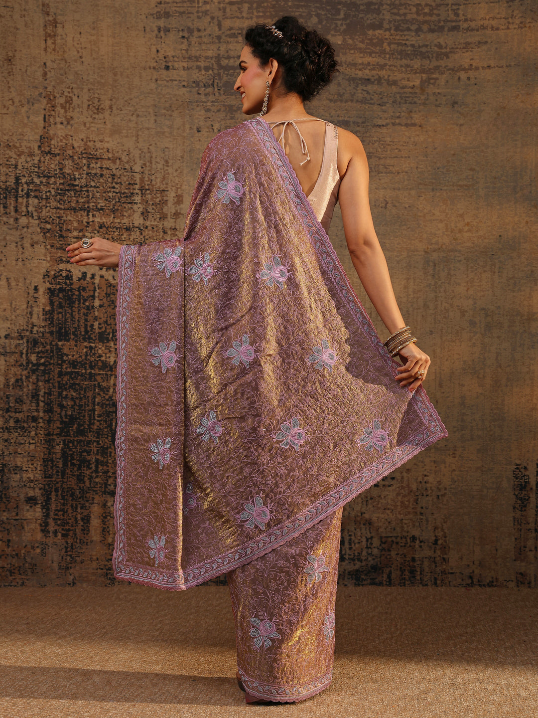 Purple Floral Embellished Tissue Saree With Unstitched Blouse Piece