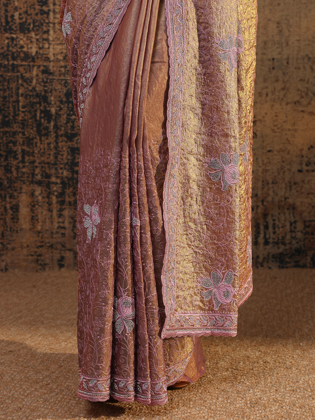 Purple Floral Embellished Tissue Saree With Unstitched Blouse Piece