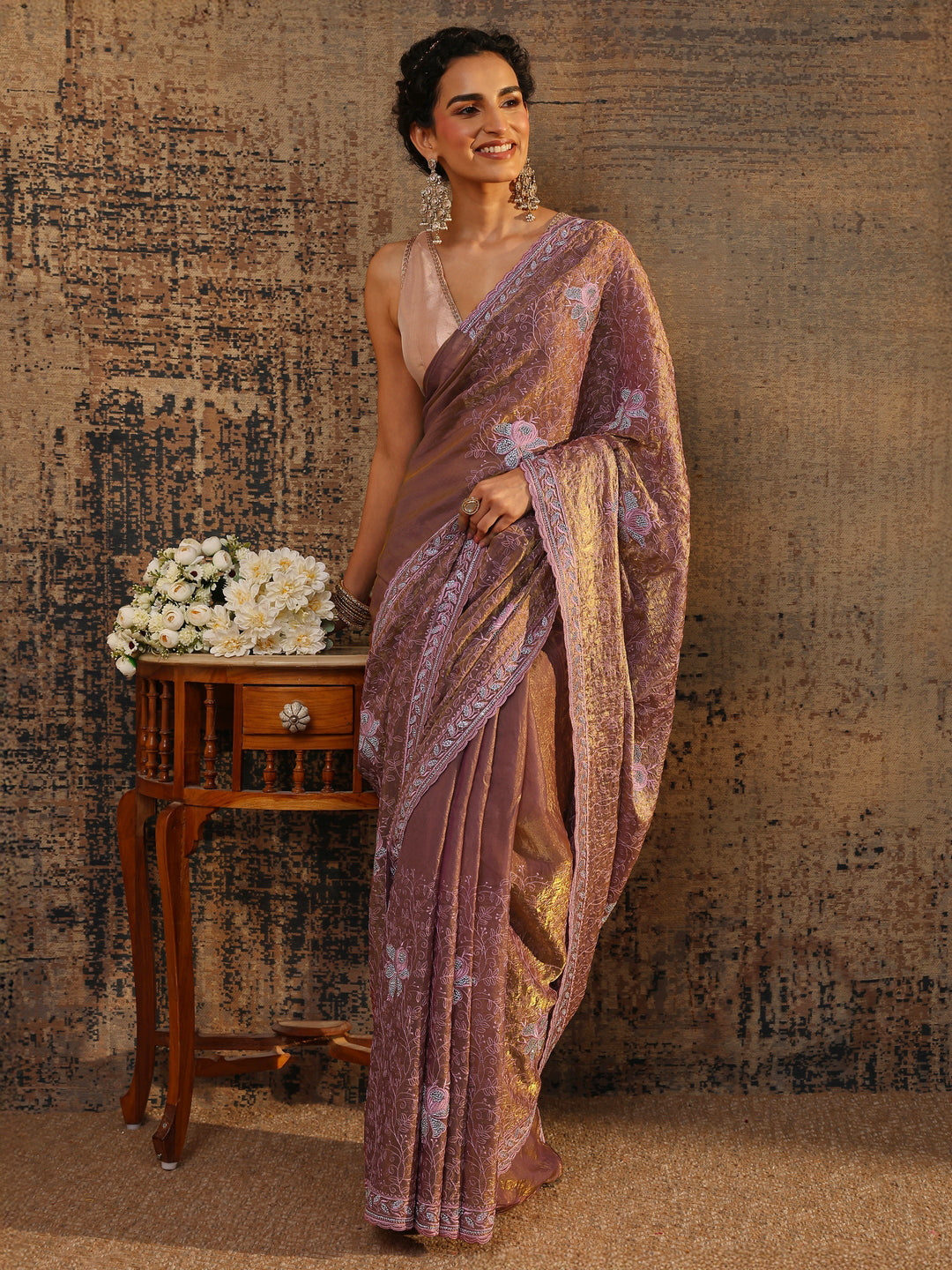 Purple Floral Embellished Tissue Saree With Unstitched Blouse Piece