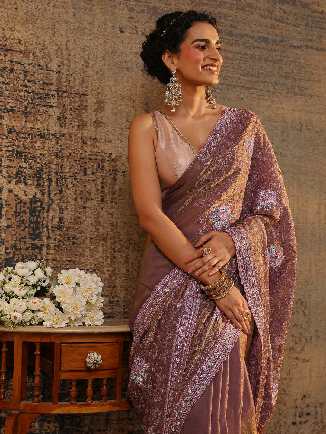 Purple Floral Embellished Tissue Saree With Unstitched Blouse Piece