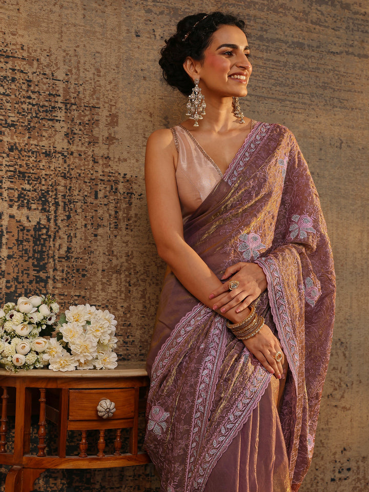 Purple Floral Embellished Tissue Saree With Unstitched Blouse Piece
