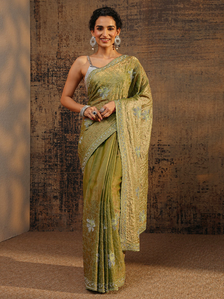 Green Floral Embellished Tissue Saree With Unstitched Blouse Piece