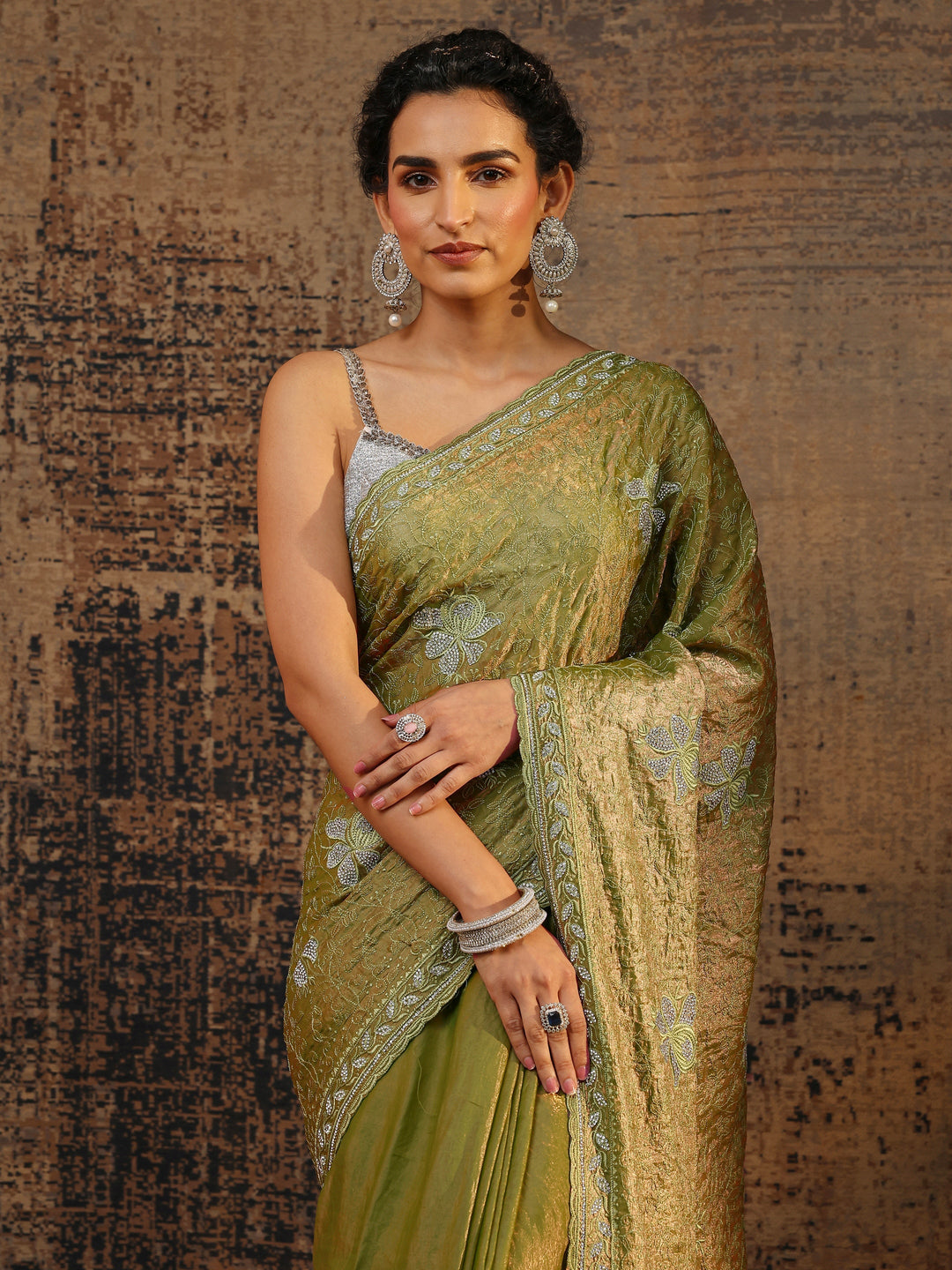 Green Floral Embellished Tissue Saree With Unstitched Blouse Piece