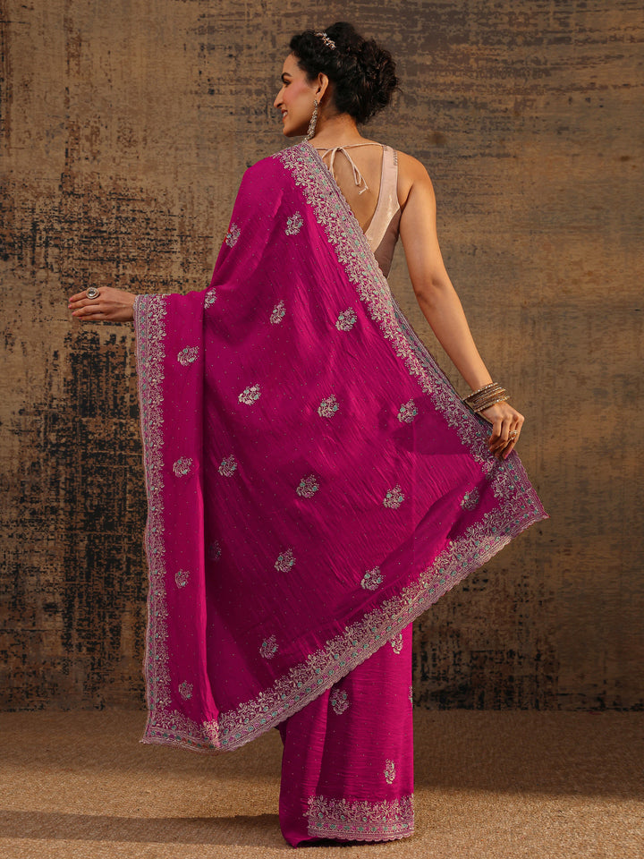 Pink Floral Embellished Silk Blend Saree With Unstitched Blouse Piece
