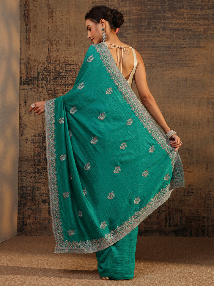 Green Floral Embellished Silk Blend Saree With Unstitched Blouse Piece