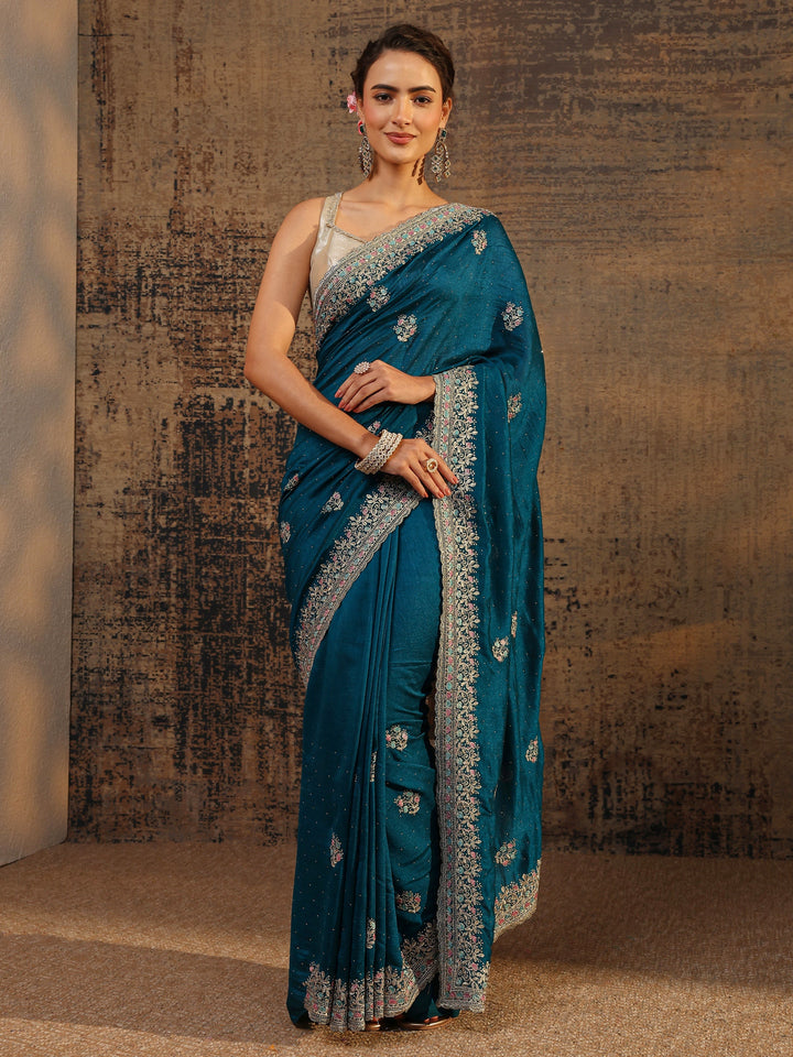 Blue Floral Embellished Silk Blend Saree With Unstitched Blouse Piece