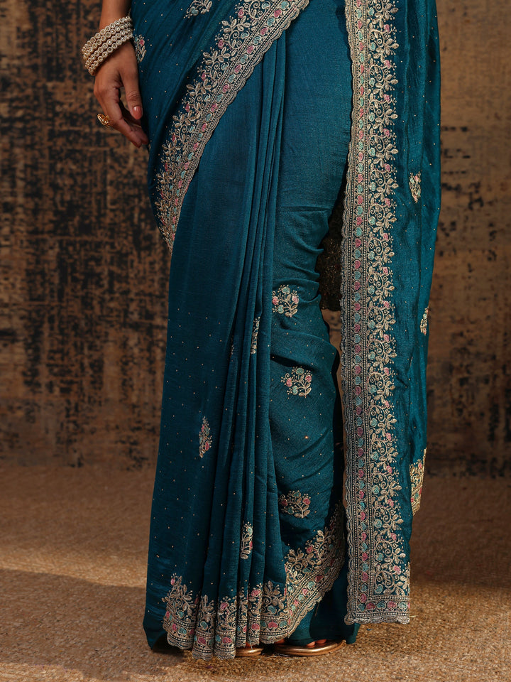 Blue Floral Embellished Silk Blend Saree With Unstitched Blouse Piece