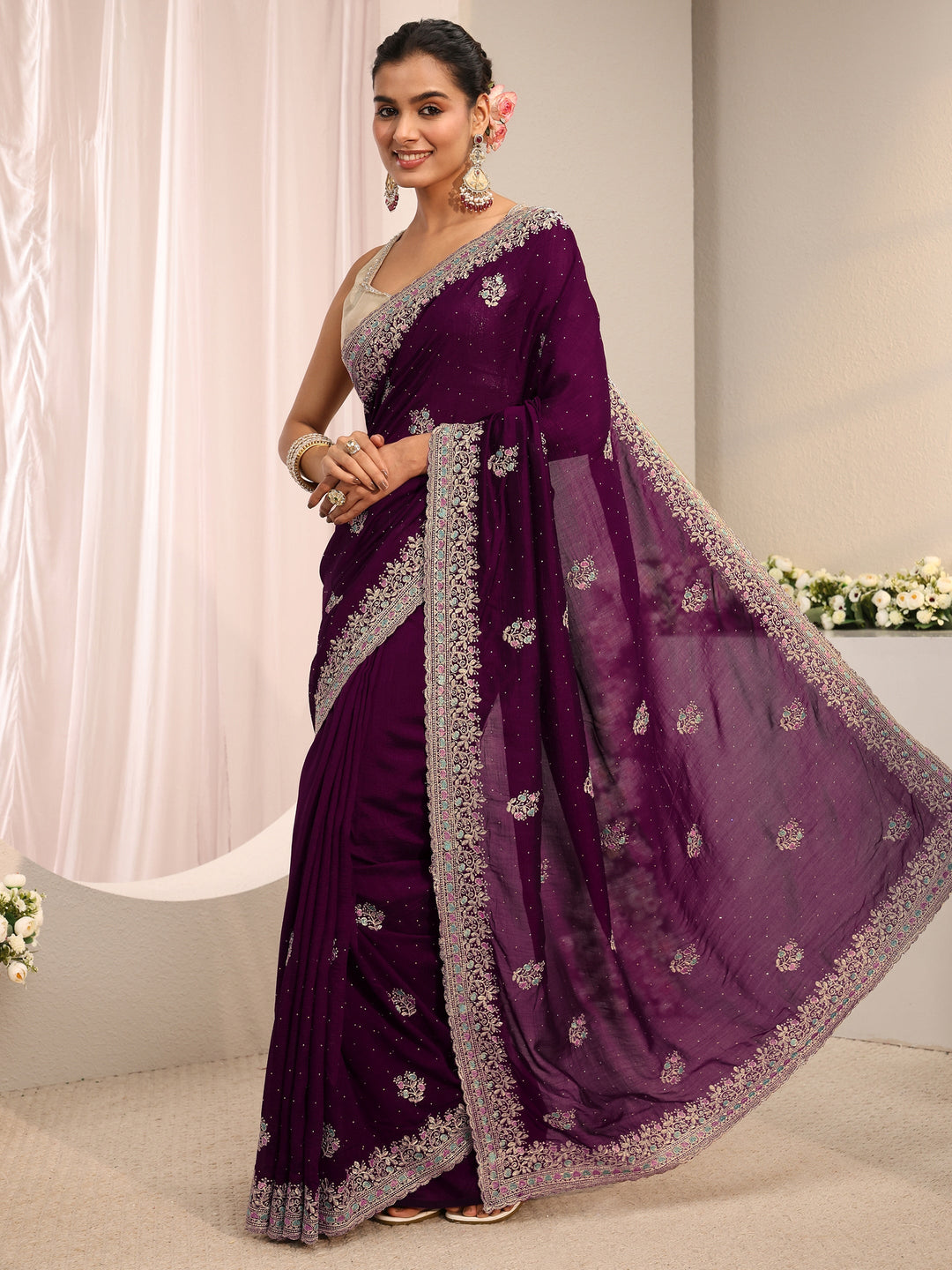 Burgundy Floral Embellished Silk Blend Saree With Unstitched Blouse Piece
