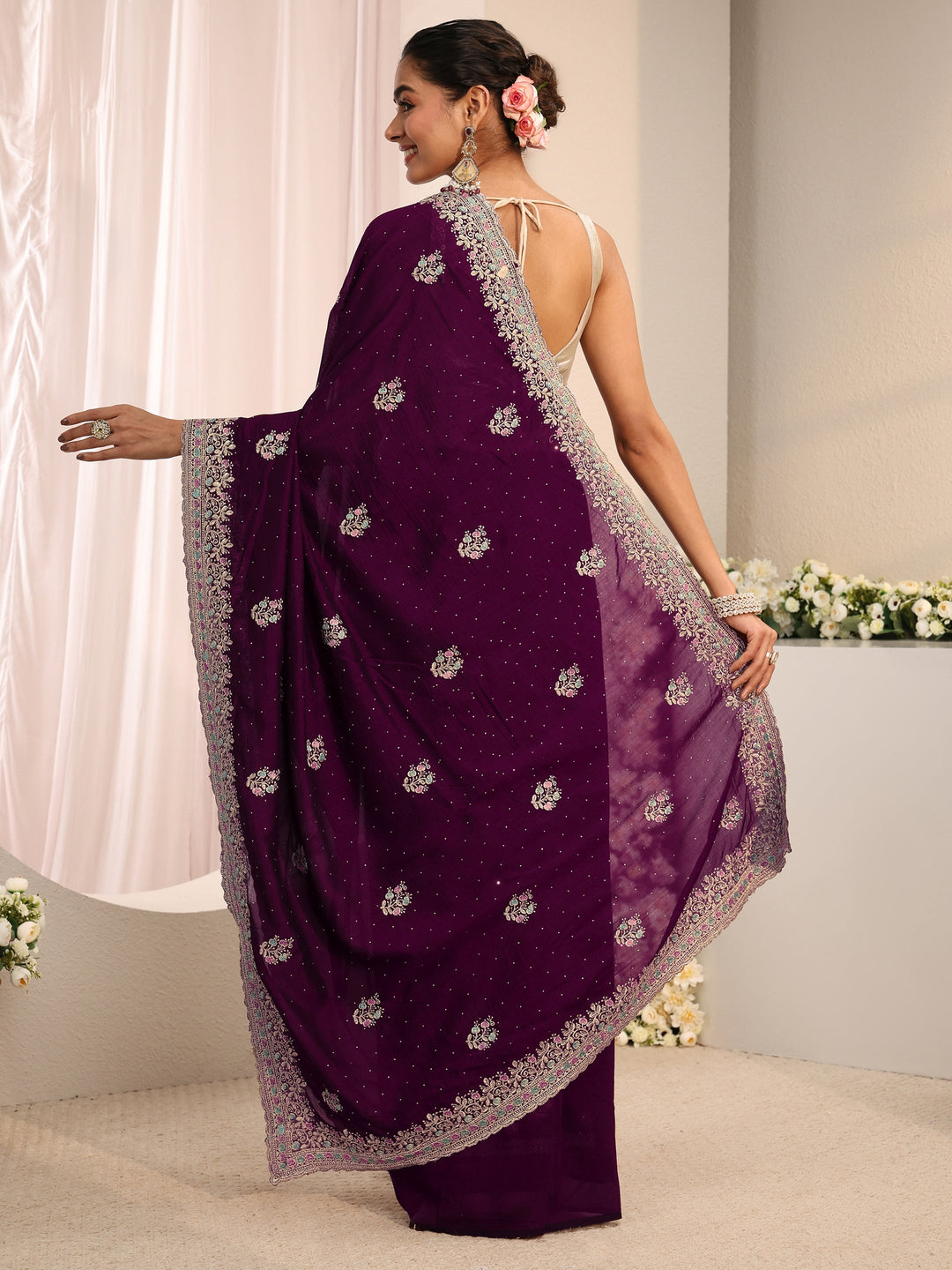 Burgundy Floral Embellished Silk Blend Saree With Unstitched Blouse Piece