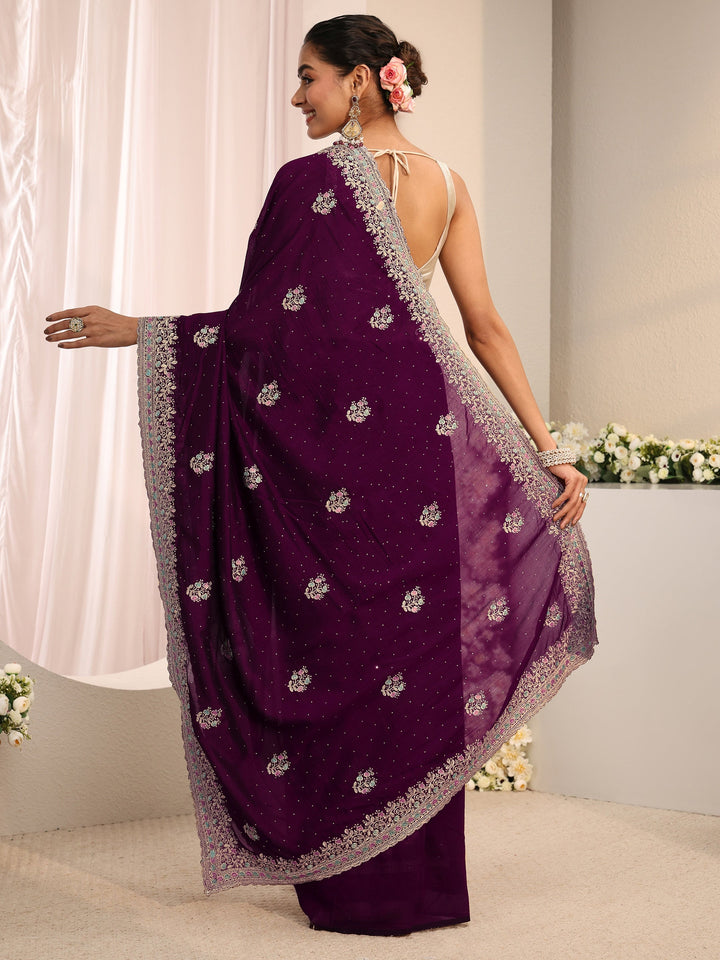 Burgundy Floral Embellished Silk Blend Saree With Unstitched Blouse Piece