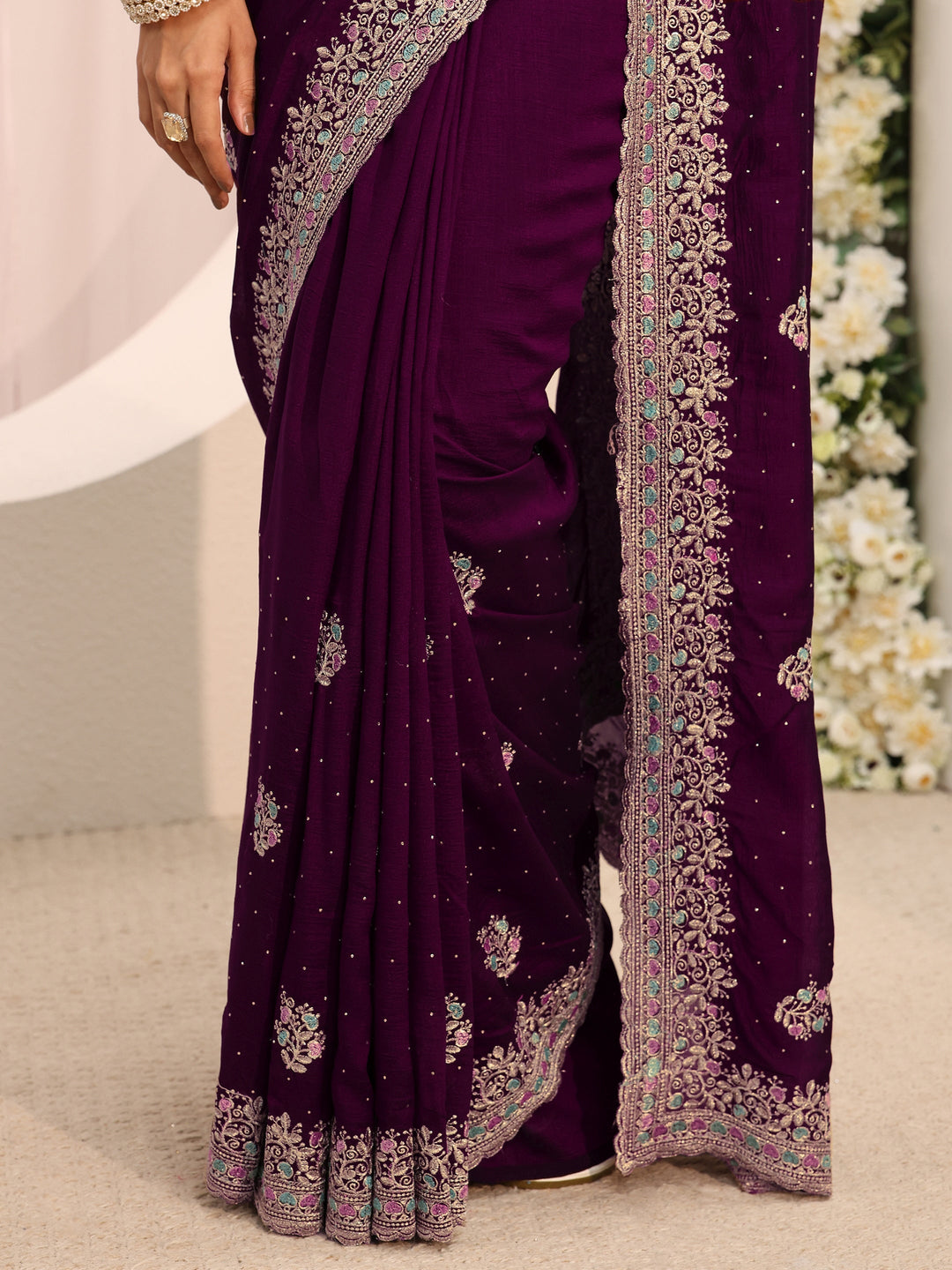 Burgundy Floral Embellished Silk Blend Saree With Unstitched Blouse Piece
