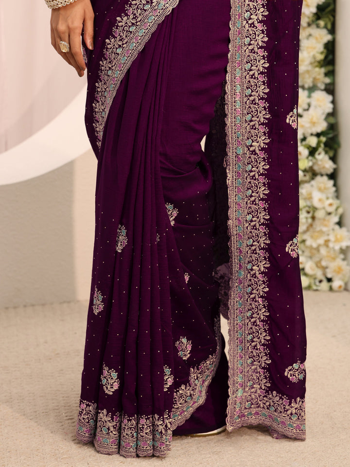 Burgundy Floral Embellished Silk Blend Saree With Unstitched Blouse Piece