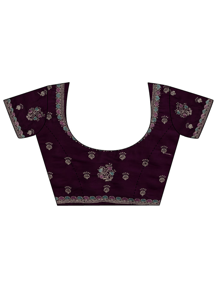 Burgundy Floral Embellished Silk Blend Saree With Unstitched Blouse Piece
