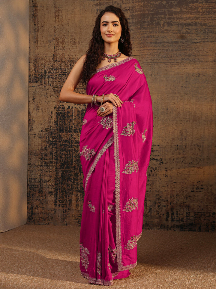 Pink Floral Embellished Silk Blend Saree With Unstitched Blouse Piece