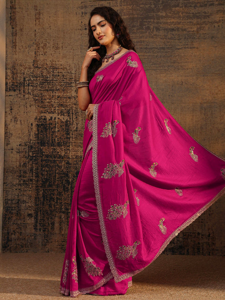 Pink Floral Embellished Silk Blend Saree With Unstitched Blouse Piece