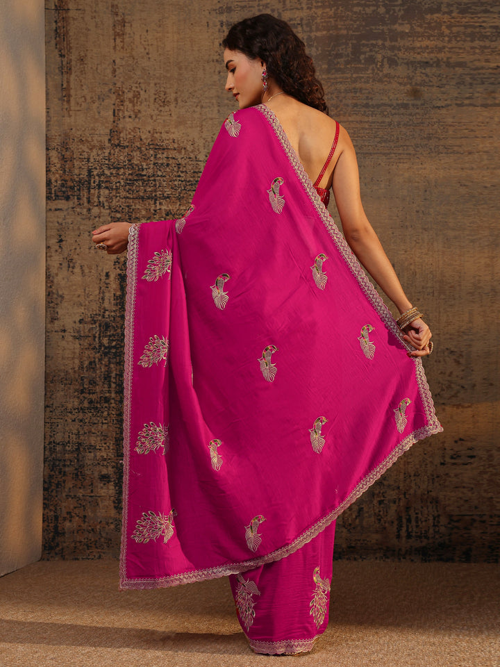 Pink Floral Embellished Silk Blend Saree With Unstitched Blouse Piece