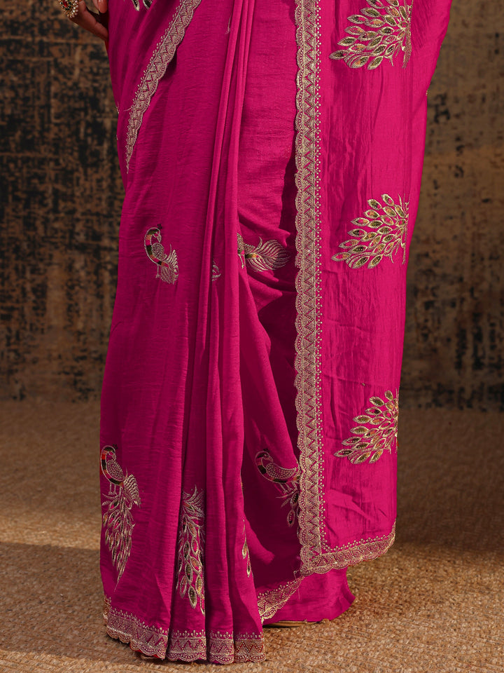 Pink Floral Embellished Silk Blend Saree With Unstitched Blouse Piece