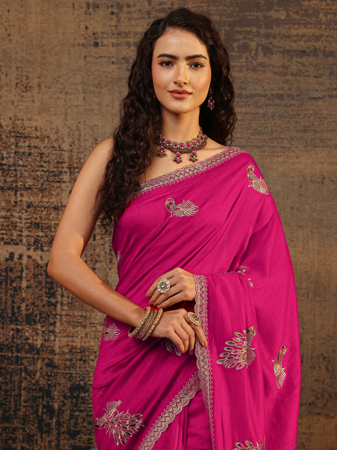 Pink Floral Embellished Silk Blend Saree With Unstitched Blouse Piece