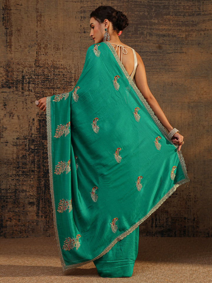 Green Floral Embellished Silk Blend Saree With Unstitched Blouse Piece