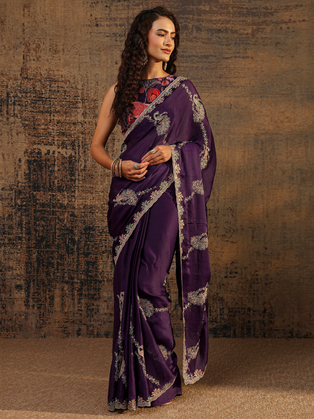 Purple Floral Embellished Satin Saree With Unstitched Blouse Piece