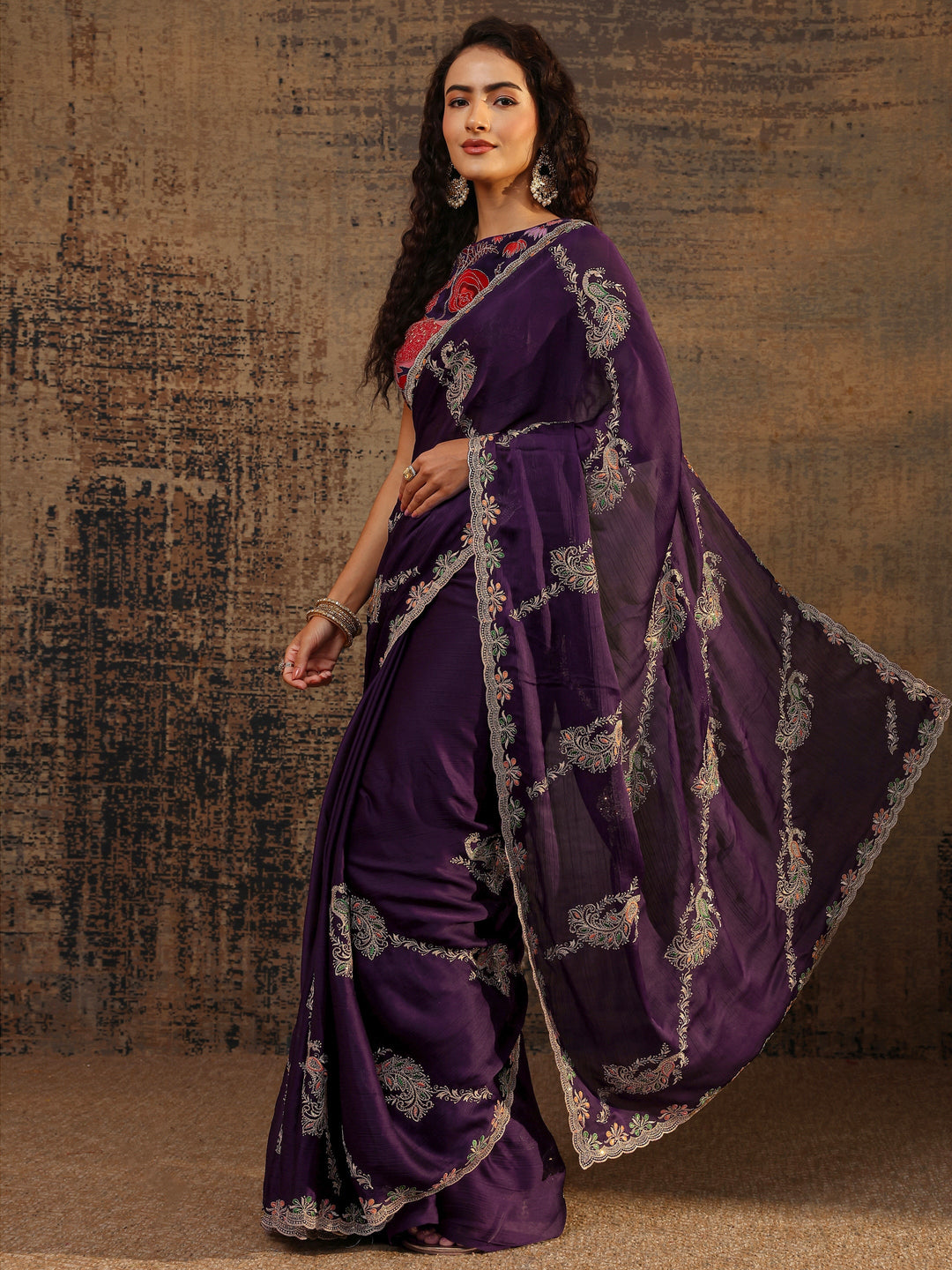 Purple Floral Embellished Satin Saree With Unstitched Blouse Piece