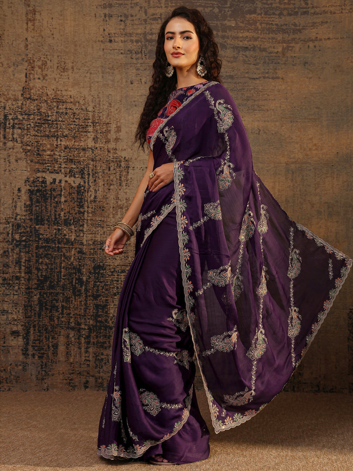 Purple Floral Embellished Satin Saree With Unstitched Blouse Piece