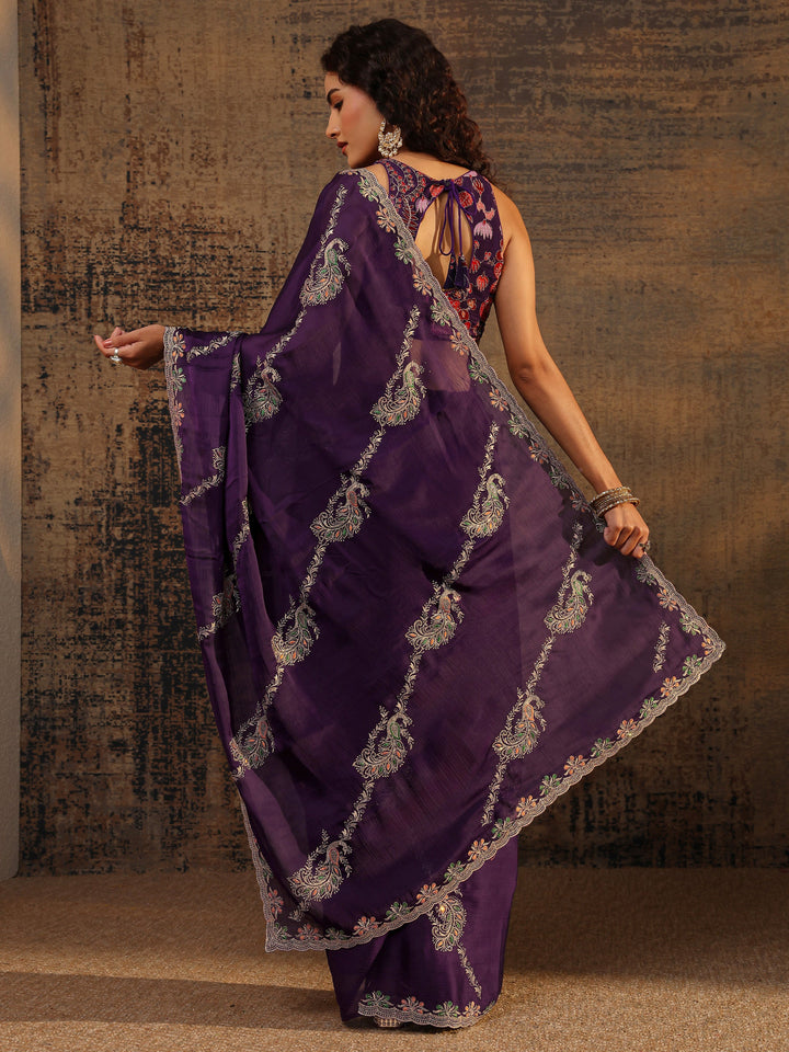 Purple Floral Embellished Satin Saree With Unstitched Blouse Piece