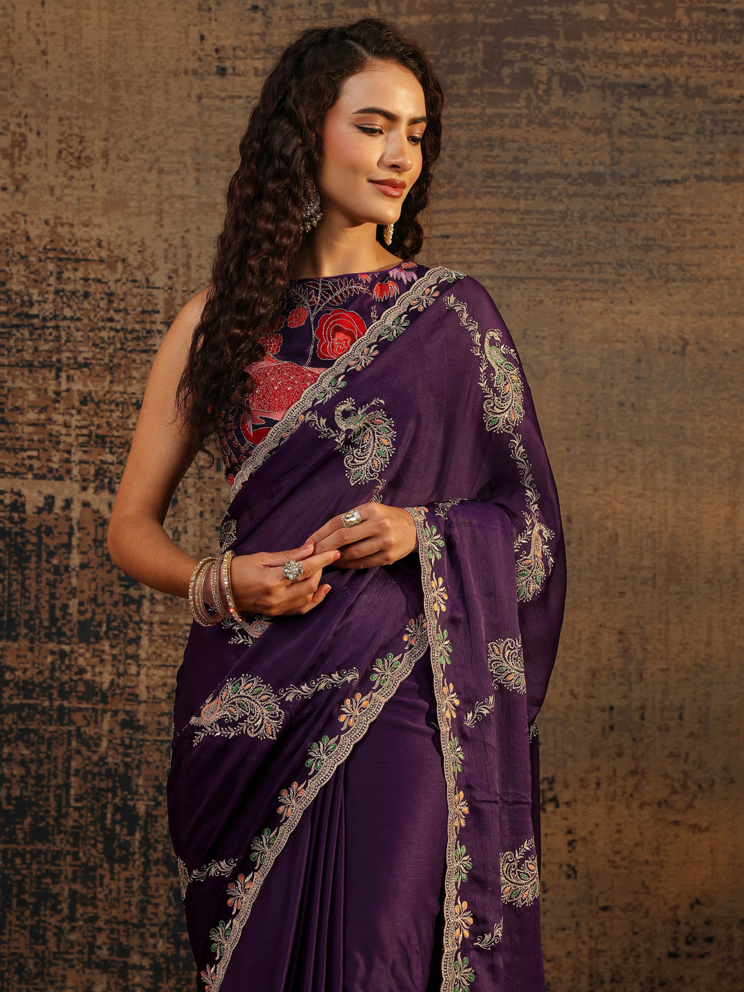 Purple Floral Embellished Satin Saree With Unstitched Blouse Piece