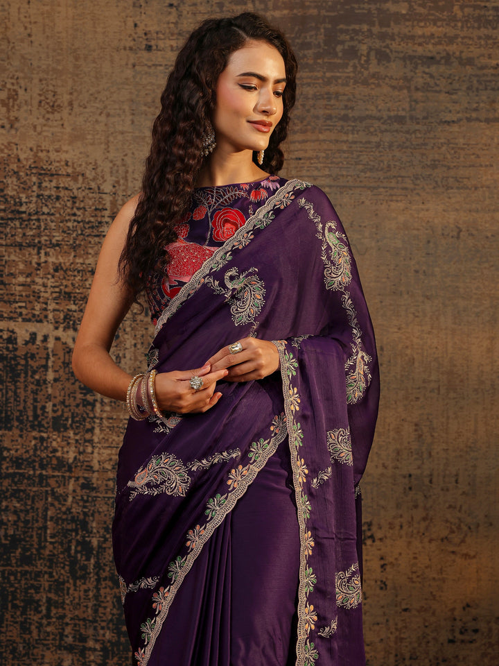 Purple Floral Embellished Satin Saree With Unstitched Blouse Piece